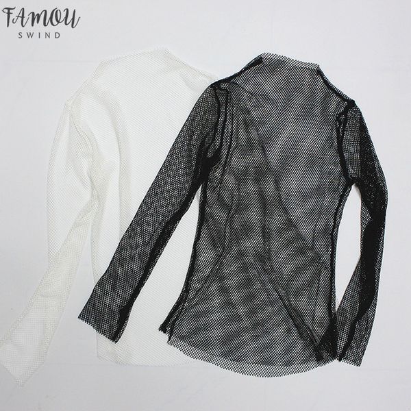 

women fishnet mesh see through black shirts female harajuku long sleeve tee drop shipping, White