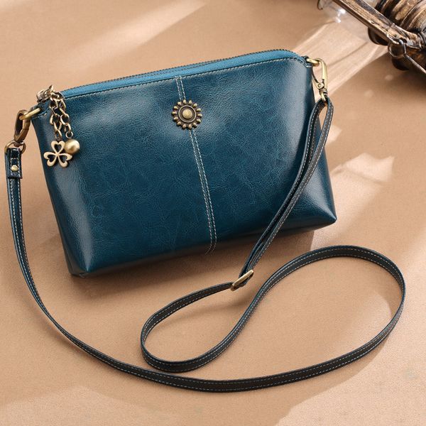 

павлин синий кожаный мешок женская мода клатч двойной слой большой емкости кожа классический ретро одно плечо диагональная женская сумка 001