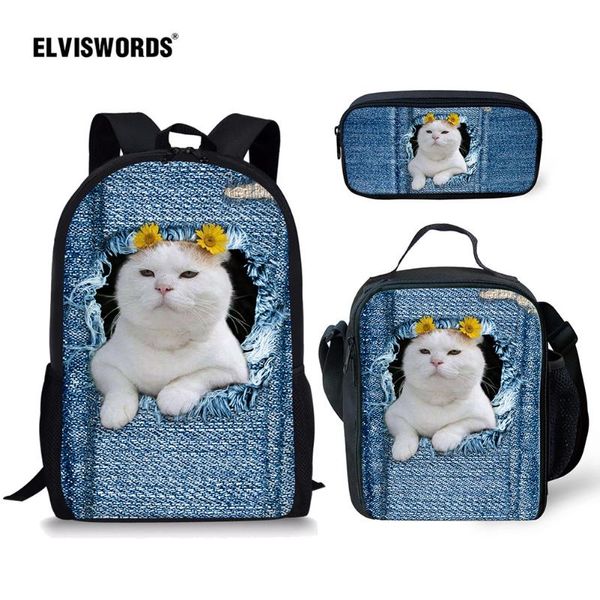 

elviswords cute 3d print denim cat school backpack 3pcs set book school bag for girls boys students backpack/flaps bags/pen bags