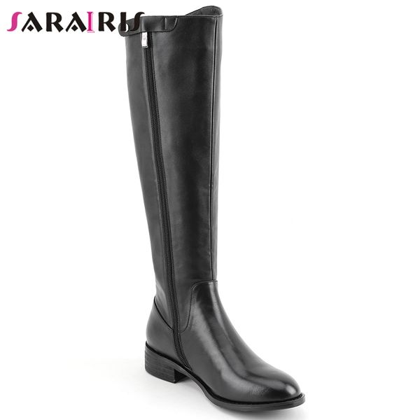 

sarairis brand new lady 2020 office low heel knee high boots women casual date boots concise genuine leather shoes woman, Black