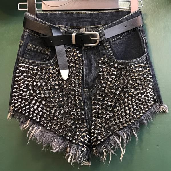 

2019 women casual punk jeans shorts high elastic rivet denim shorts ladies button tassel ripped loose shorts, White;black