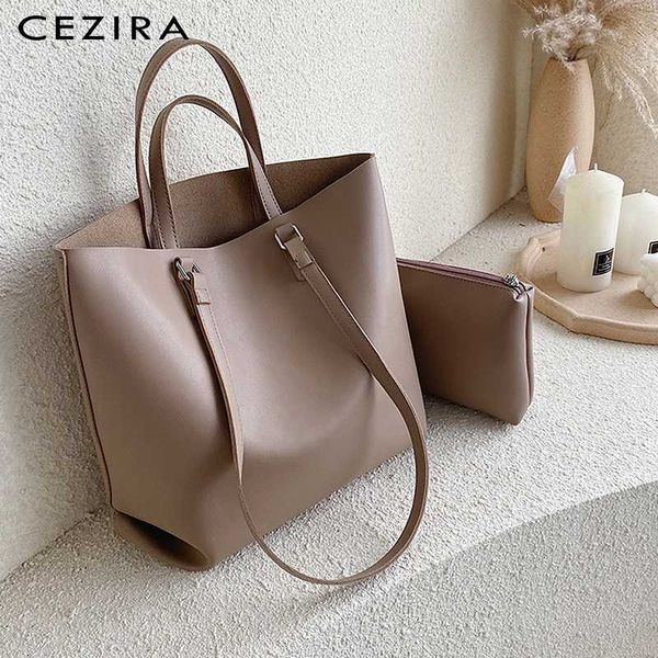 

cezira fashion minimalism tote bags for women faux leather shoulder bag zip liner bag large pu handbag ladies shopping purse sac
