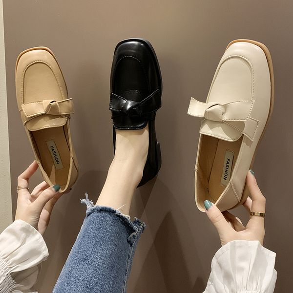 

casual woman shoe korean shoes british style all-match square toe bow-knot female footwear loafers with fur women's heels, Black