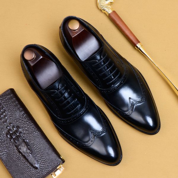

men formal dress shoes genuine cow leather brogue wedding shoes mens casual lace-up flats, Black