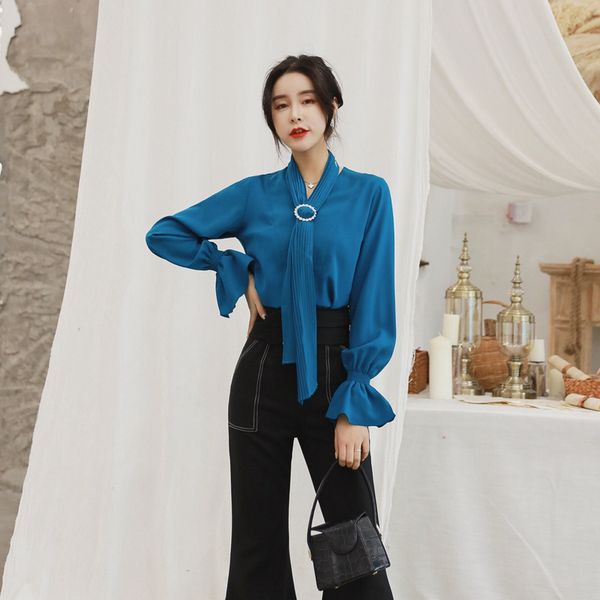 

2 piece set 2018 women autumn blue full flare sleeve elegant office suit and full length work bell-bottoms two piece sets, White