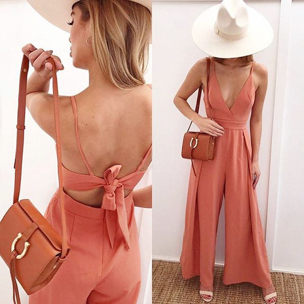 

2019 summer womens jumpsuit long causal v neck backless bow jumpsuit rompers clubwear bodycon polyester solid playsuit m10 ma14, Black;white