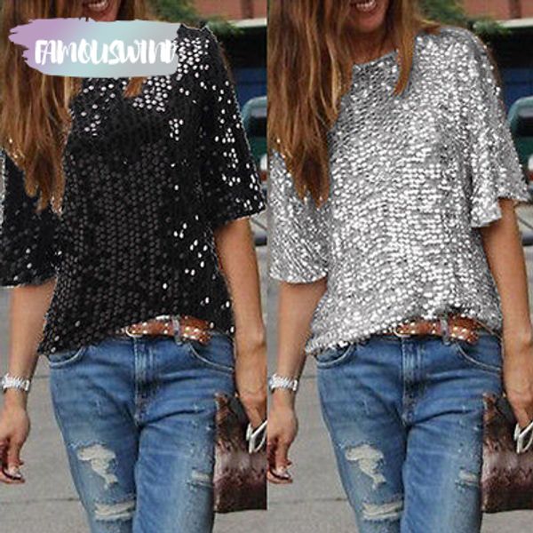 

женщины мода лето сыпучие верхняя часть рукава искорка блеск блуза casual свободный пуловер sequined топы блузка черный sliver, White