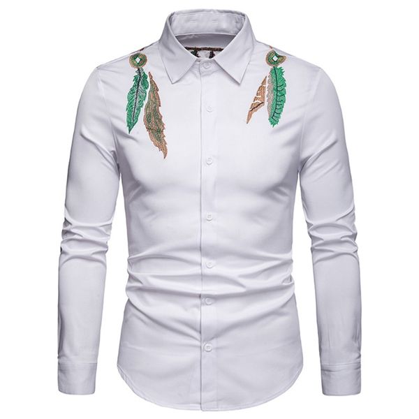 

new men blouse long sleeve embroidery slim fit button down shirt business turn-down collar shirt, White;black