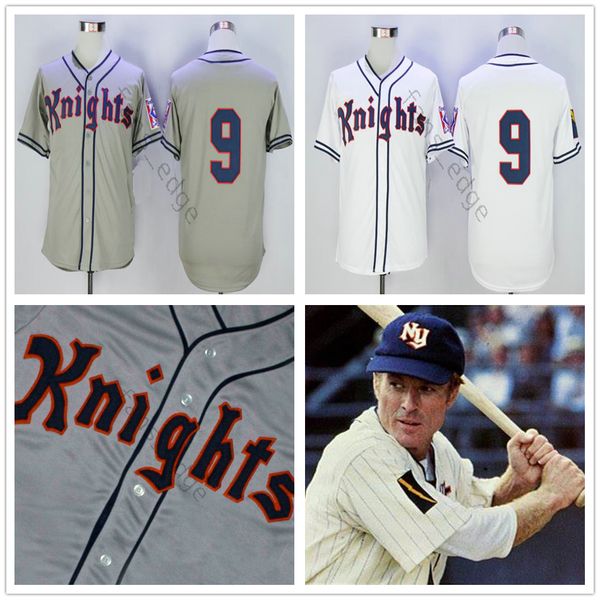

Movie New York Knights 1939 Home Jersey The Natural #9 Roy Hobbs Baseball Jersey White Grey Double Stitched Shirt Size S-XXXL