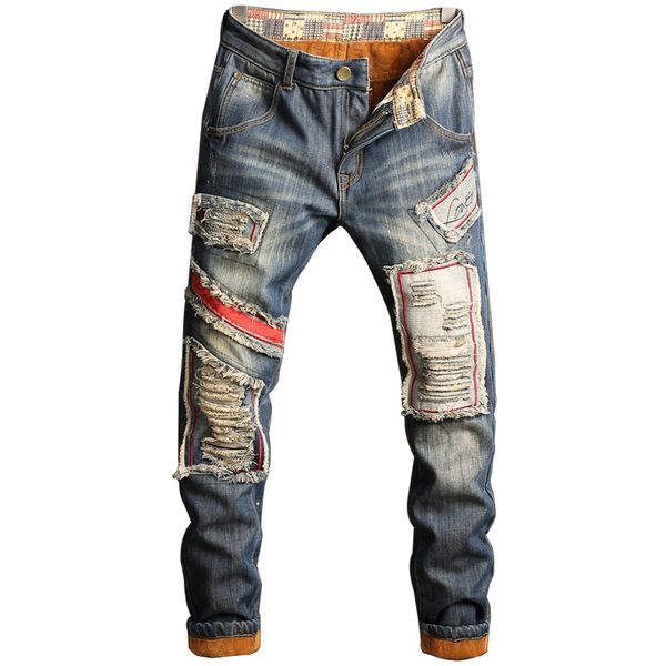 

men's jeans winter retro distressed hole men long fleece ripped cotton denim trouser male light blue plus size