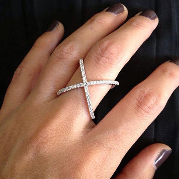 

silver color ring fashion zircon rhinestone inlayed dating party wedding jewelry gift women vintage cross x shape crystal rings, Golden;silver