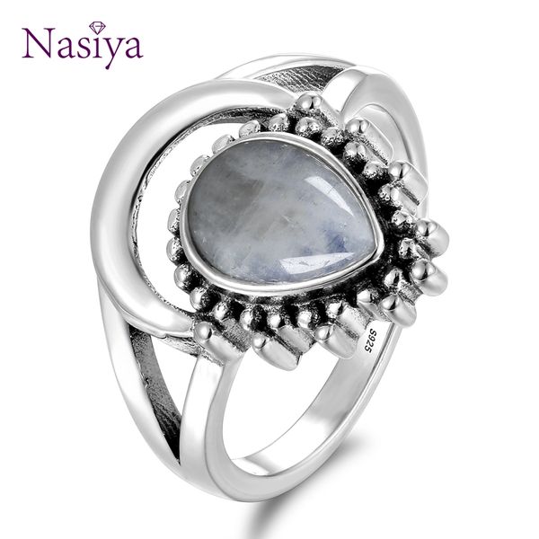 

new vintage 925 silver jewelry finger rings for men women 7x9mm water drop natural moonstones weeding anniversary party gifts, Slivery;golden