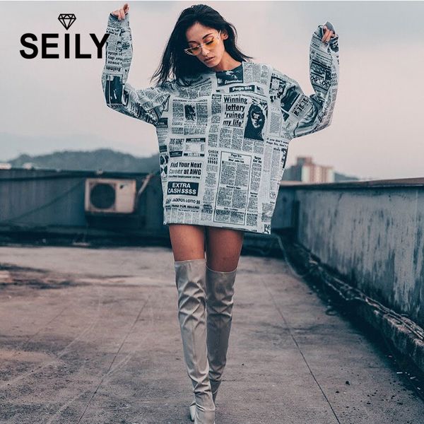 

seily oversized harajuku punk black white newspaper letter print hoodies pullover women long hoodie sweatshirt dress