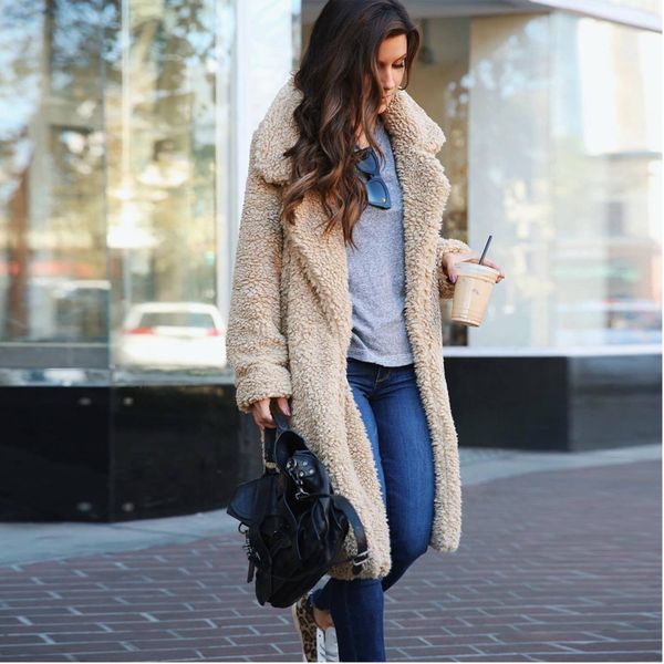 

xuxi women long jacket ladies casual front open cardigan outwear fashion thick soft warm teddy bear fleece fur fluffy coat fz227, Black