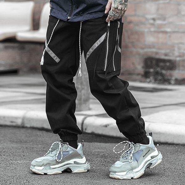

new harajuku cotton multi-pockets safari style fashion cargo pants men autumn spring hip hop streetwear casual elastic trousers, Black