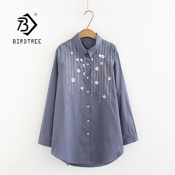 

women's blouses & shirts arrival women floral embroidery cotton gray shirt long sleeve casual blouse loose plus size 4xl feminina blus, White
