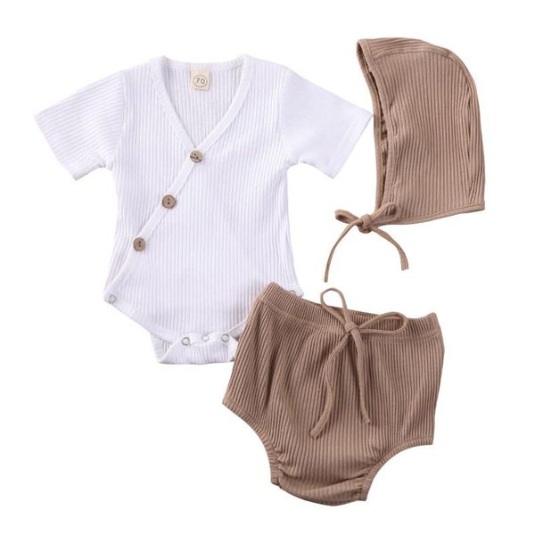 

0-24m infant baby boy girl clothes sets cotton romper +shorts hats 3pcs solid summer outfit set, White