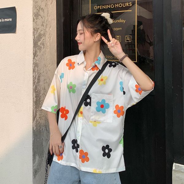 

women blouses shirts holiday short sleeve casual ladies floral printed shirt korean fashion women clothing, White