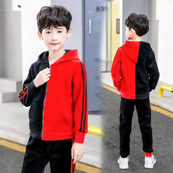 

2019 winter children kids red black splice boys sets hooded coat suits fall pleuche coat pant 2pcs clothing set 6 8 12 15 years, White