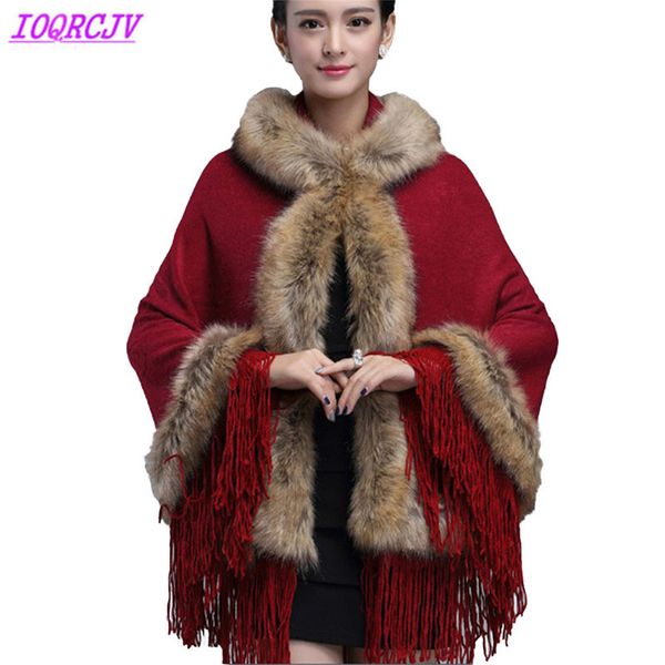 

2018 autumn winter women knit cape coat faux raccoon fur hooded tassel cardigan female sleeveless shawl jackets ioqrcjv h557, Black