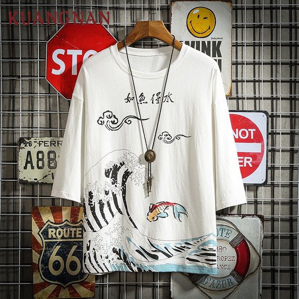 

kuangnan chinese style fish print t shirt men harajuku tshirt men t-shirt summer t shirts hip hop streetwear 2019 new, White;black