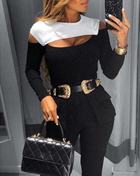 

colorblock cut out design long sleeve tshirt women color patchwork winter basic blusa mujer t shirt, White