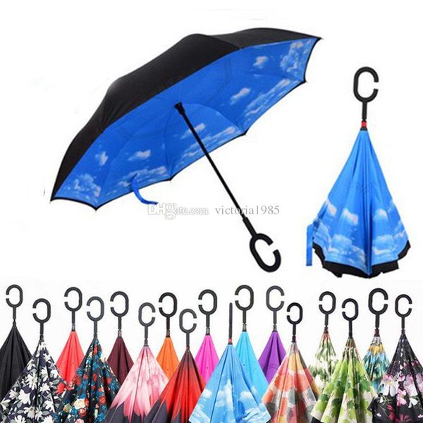 

Windproof rever e umbrella folding double layer inverted up ide dow umbrella elf tand c hook hand for car