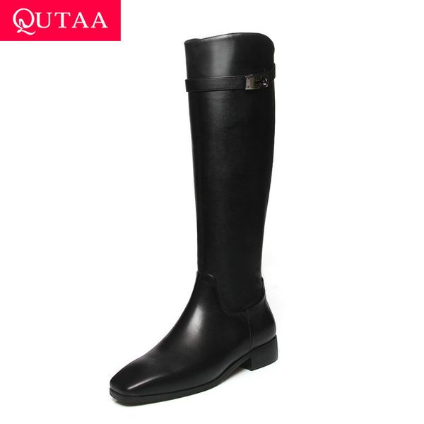 

qutaa 2020 fashion metal buckle square toe knee high boots behind zipper thick low heel new winter women long boots size 34-43, Black