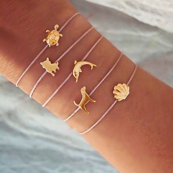 

5 pcs/set turtle dolphin shell puppy bracelet retro charm bracelets for women valentine's day gifts, Golden;silver