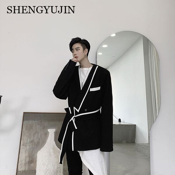 

shengyujin autumn new personality irregular collar design korean slim men's suit hair stylist youth blazer, White;black