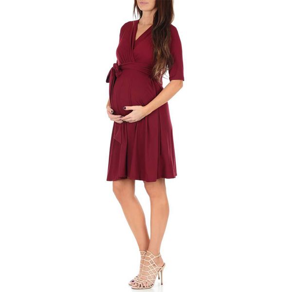 

nursing dress for pregnant clothes maternity v-neck solid dress with belt women casual short sleeve pregnancy ropa mujer, White