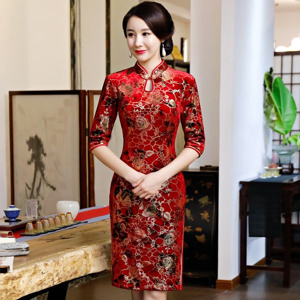 

plus size s-5xl knee length cheongsam vintage chinese style dress spring womens velour qipao slim party dresses button vestido, Black;gray