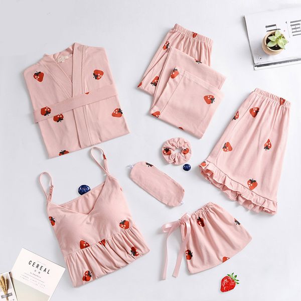 

summer pyjamas women thin sleepwear cotton 7 pcs pijama set japanese sweet kawaii pajamas casual v-neck nightwear set home wear, Black;red
