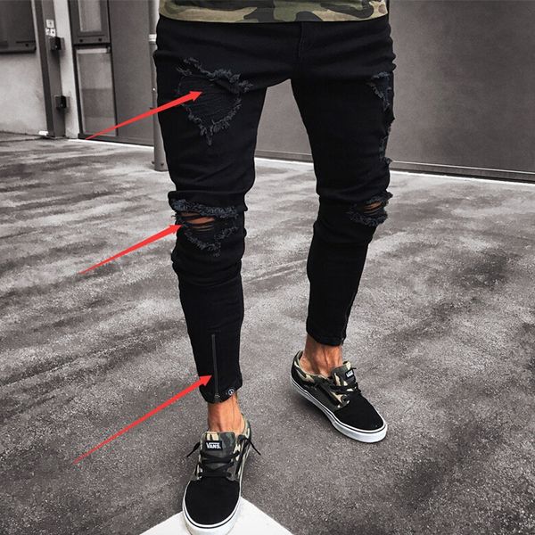 

black pants for men hip hop rock holes ripped jeans biker slim fit zipper jean distressed pants, Blue