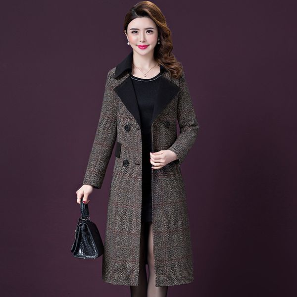 

plaid fashion long winter fashion wool coats double breasted slim wool blend coat and jacket office lady coat femenino, Black