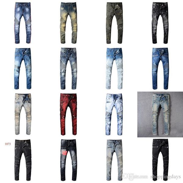 

brand mens designer jeans distressed rivet biker slim motorcycle denim for men jeans white hip hop red brim, Blue