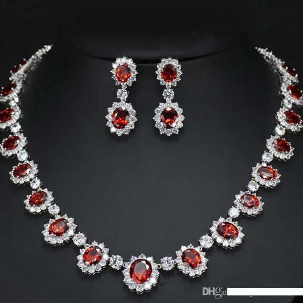 

2018 new luxury cz clear crystal ruby necklace earrings evening party wedding jewelry sets for bridal jewelry, Slivery;golden