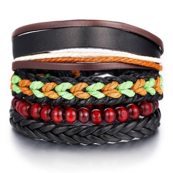 

4pcs/set braided leather bracelet for men vintage wood beads bracelets handmade rope statement wrap wristband bracelets jewelry, Black