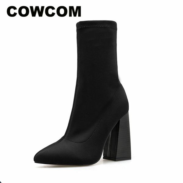 

cowcom women point elegant boots women fashion shoes woman large-size boots high-heeled elastic zl-930-5, Black