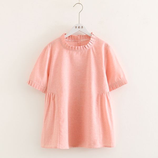 

fresh pink back button ruffled collar short sleeve shirt female blouse mori girl, White