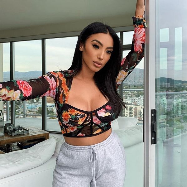 

винтажная рубашка блузка женщины 2020 sheer mesh top с длинным рукавом сексуальная прозрачная рубашка дамы клуб цветочный принт растениеводс, White