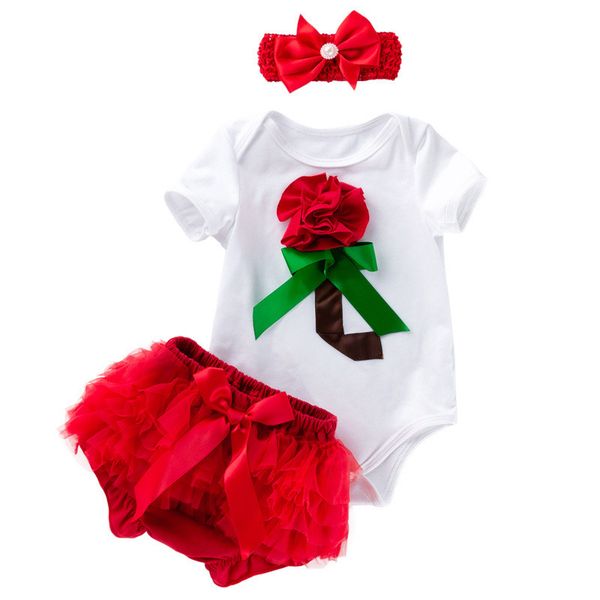 

3pcs newborn baby girls clothes with headband baby first valentines day outfit red pink rose 3d rose pp pantie, White