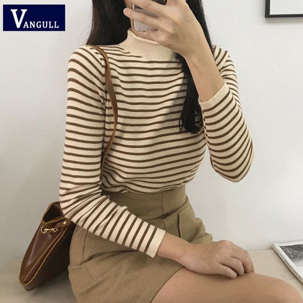 

vangull women striped sweaters fashion autumn female long sleeve turtleneck pullovers 2019 spring new style slim short sweaters, White;black
