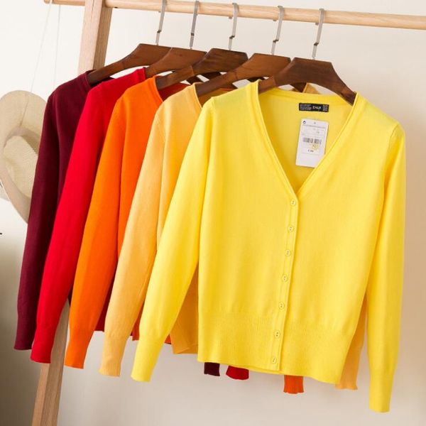 

queechalle 28 colors knitted cardigans spring autumn cardigan women casual long sleeve v neck solid women sweater coat, White