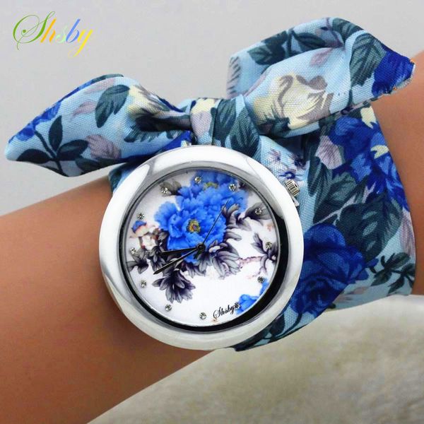 

shsby 2018 new design ladies flower cloth wrist watch fashion women dress watch fabric clock sweet girls, Slivery;brown