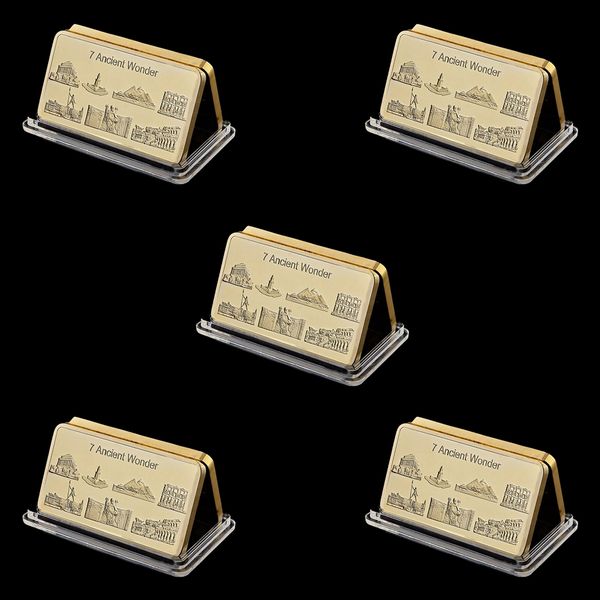 

5pcs gold clad plated bars 7 ancient wonder souvenir commemorative old culture coin collection art gift