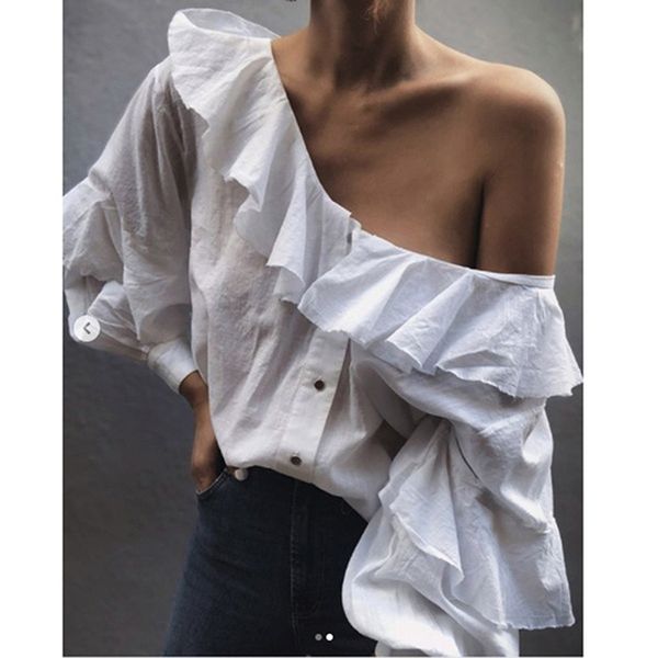 

2019 fashion plus size female ladies white puff sleeve blouse ruffles long sleeve casual women shirt blouses