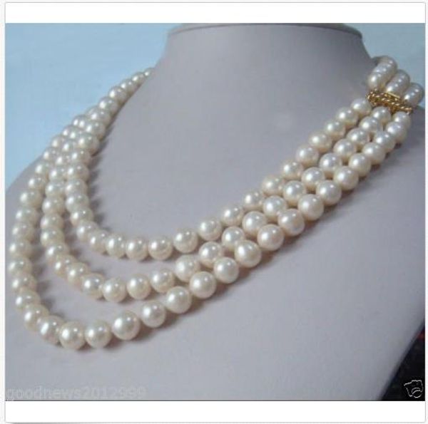 

3 strands natural 9-10mm akoya white pearl necklace 18-19-20" 14k gold clasp, Silver
