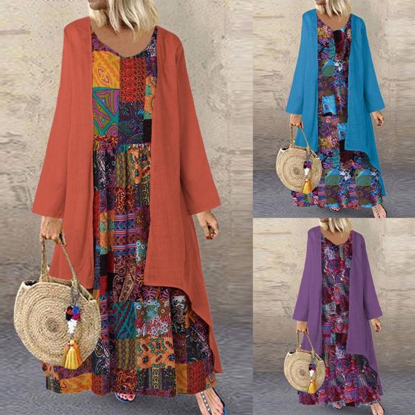 

women dress ethnic style print long sleeve plus size o-neck loose long dress female fashion autumn winter vestidos m840#, Black;gray