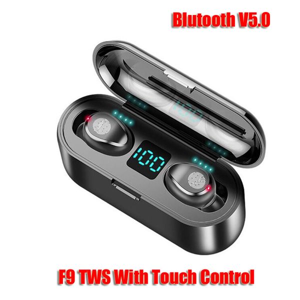 

wireless earphone bluetooth v5.0 f9 tws headphone hifi stereo earbuds led display touch control 2000mah power bank headset with mic